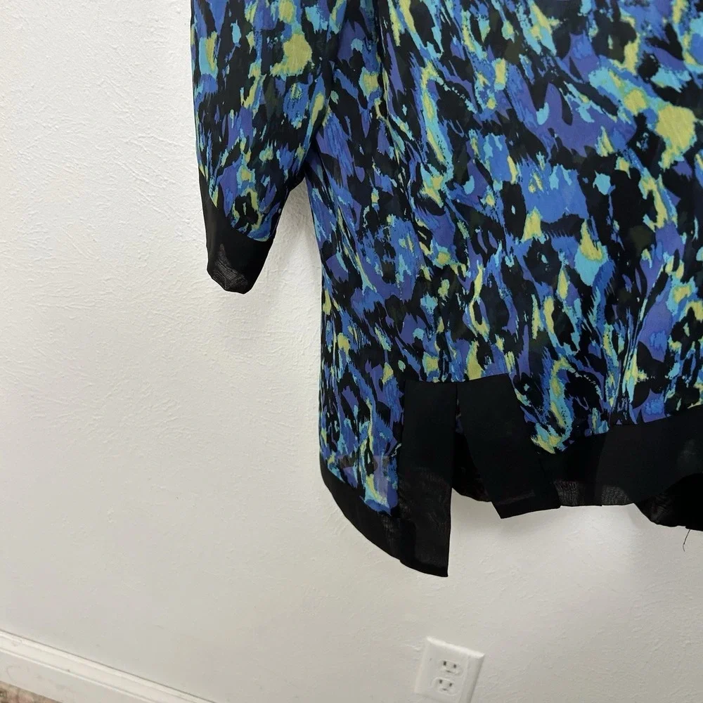 Slinky Brand Blue Multicolor Abstract Semi Sheer‎ Open Kimono Drape Cover Up 1X